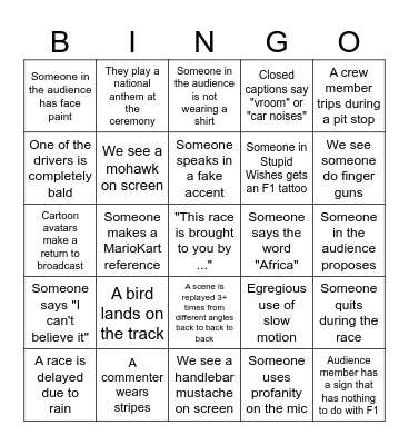 F1 Bingo (luddite edition) Bingo Card