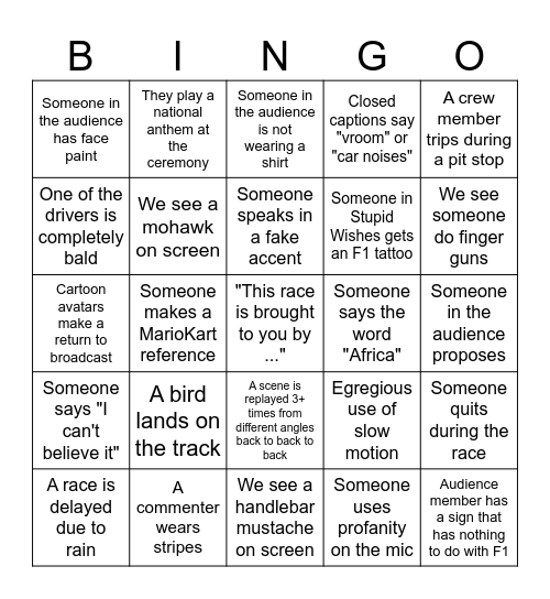 F1 Bingo (luddite edition) Bingo Card