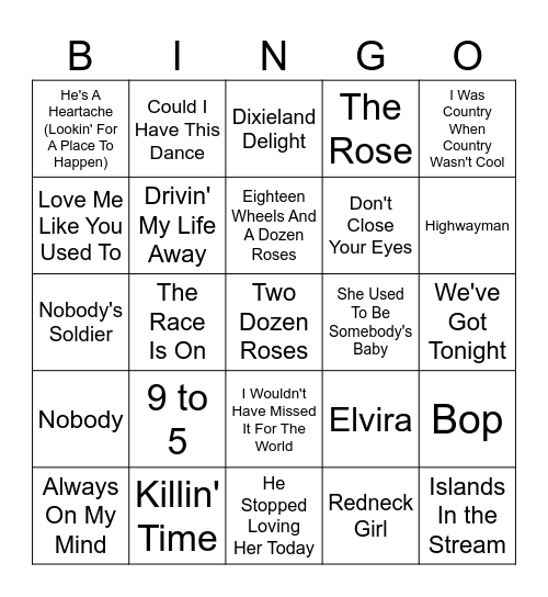Top 80's Country Songs Bingo Card