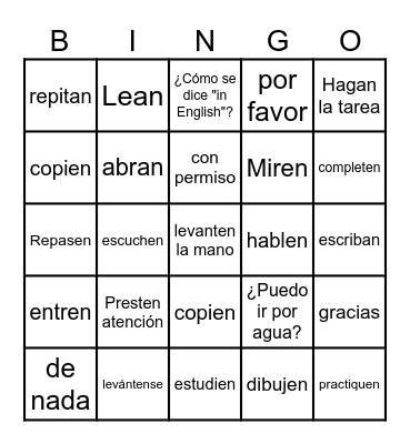 Spanish classroom lingo Bingo Card