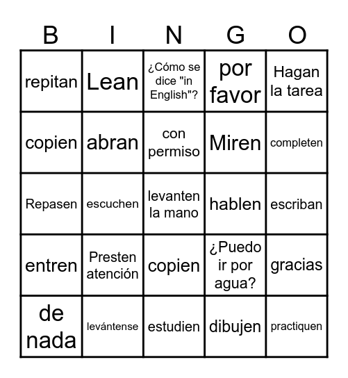 Spanish classroom lingo Bingo Card