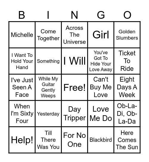 The Beatles Music BINGO Card