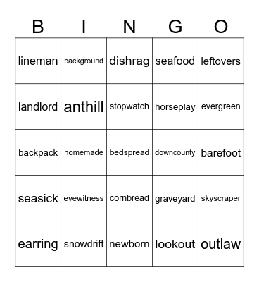 Mrs. O'Toole's Compound Word Bingo Card