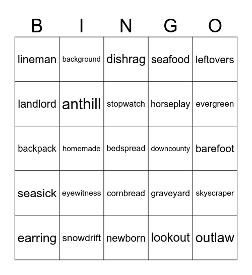 Mrs. O'Toole's Compound Word Bingo Card