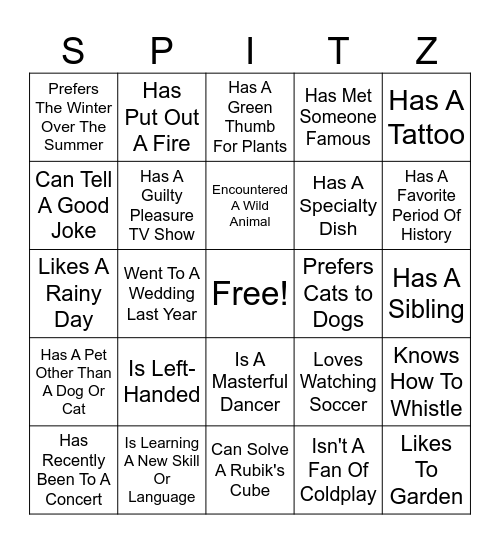 Spitz Bingo Card