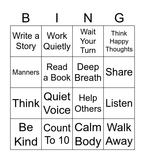 Self Control Bingo Card