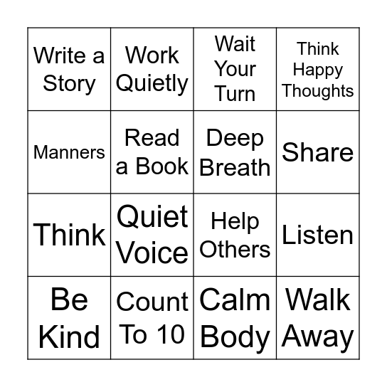 Self Control Bingo Card