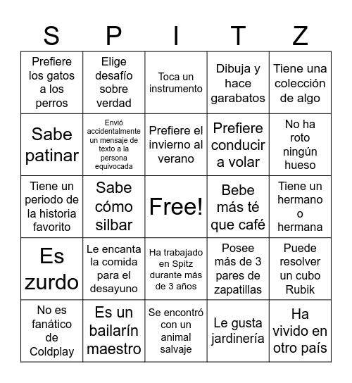Spitz Bingo Card