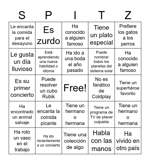 Spitz Bingo Card