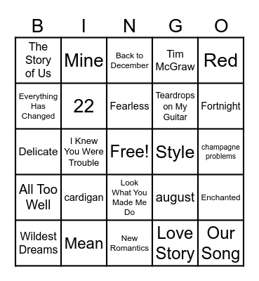 Taylor Swift Music BINGO Card