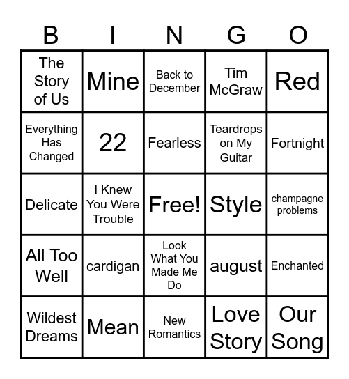 Taylor Swift Music BINGO Card