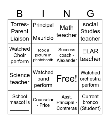Parent Night for 5th Grade Students Bingo Card