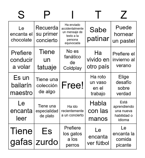 Spitz Bingo Card