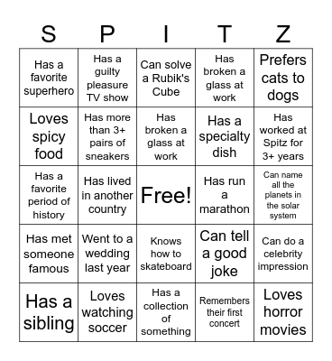 Spitz Bingo Card