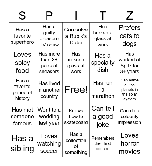 Spitz Bingo Card