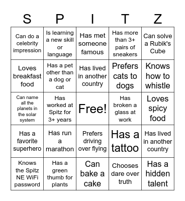 Spitz Bingo Card