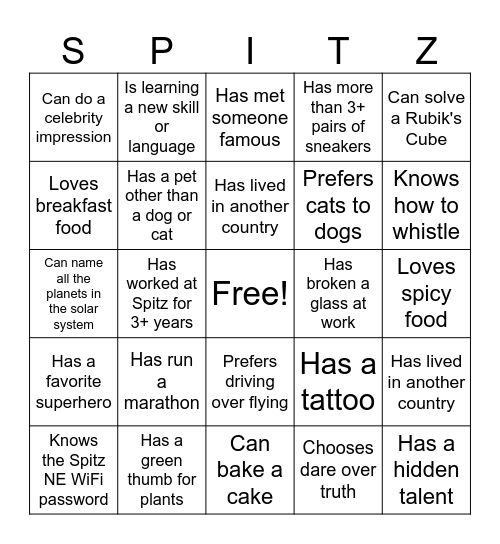 Spitz Bingo Card