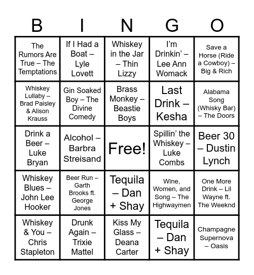Songs About Alcohol Bingo Card