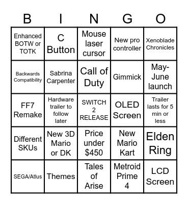 2024 Switch 2 Bingo Card Bingo Card
