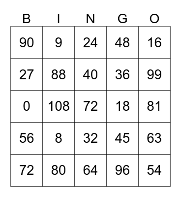 8's and 9's Multiplication Bingo Card