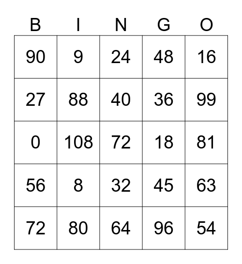 8's and 9's Multiplication Bingo Card