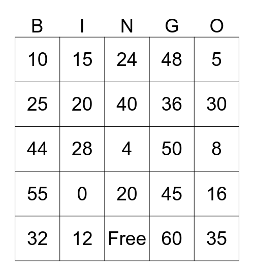 4's and 5's Multiplication Bingo Card