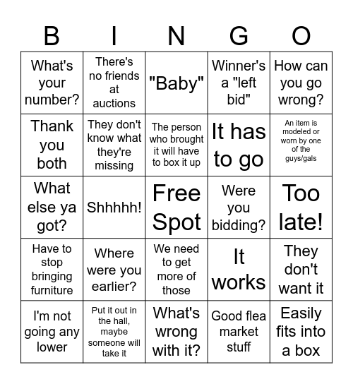 Auction Bingo Card