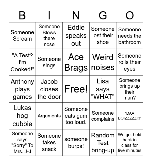 Class Stuff Bingo Card