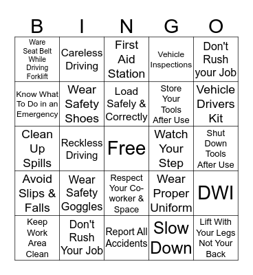 Safety Bingo Card