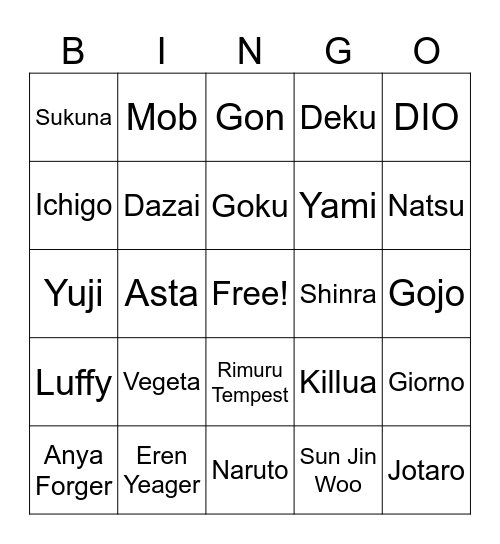 Character Bingo Card