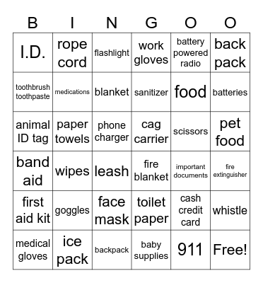 Emergency Kit Bingo Card