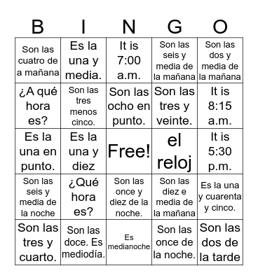 La hora Bingo Card
