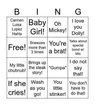 Things Nana will do Bingo Card