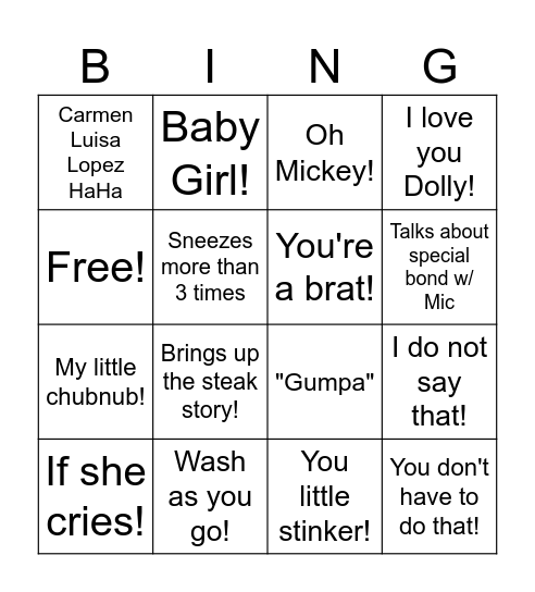 Things Nana will do Bingo Card