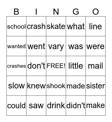 Sight Words Bingo Card
