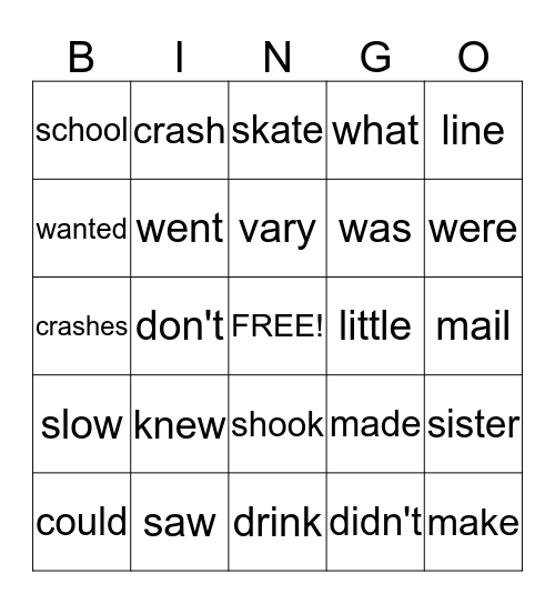 Sight Words Bingo Card