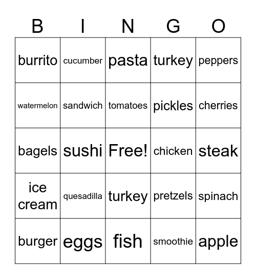 foods Bingo Card