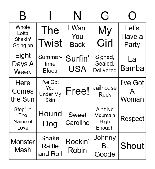 50's & 60's Bingo Card