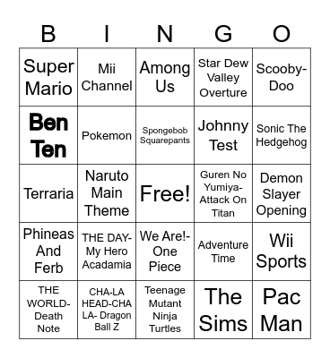Anime/Cartoons/Video Games Bingo Card