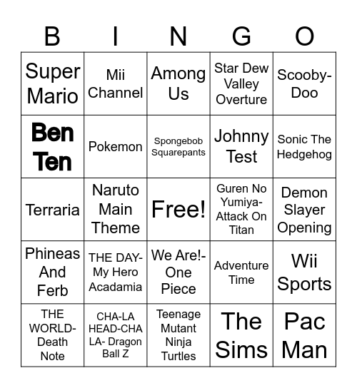 Anime/Cartoons/Video Games Bingo Card