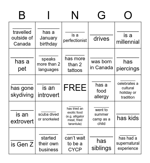 Therapeutic Human Bingo Card
