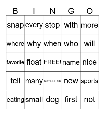Sight Words Bingo Card