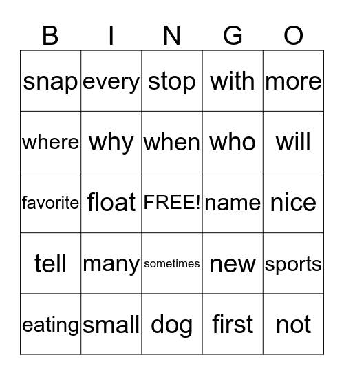 Sight Words Bingo Card