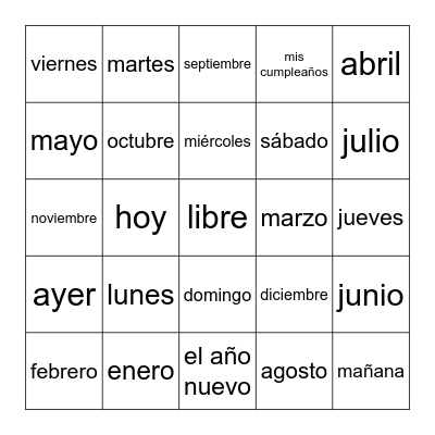 meses y dias Bingo Card