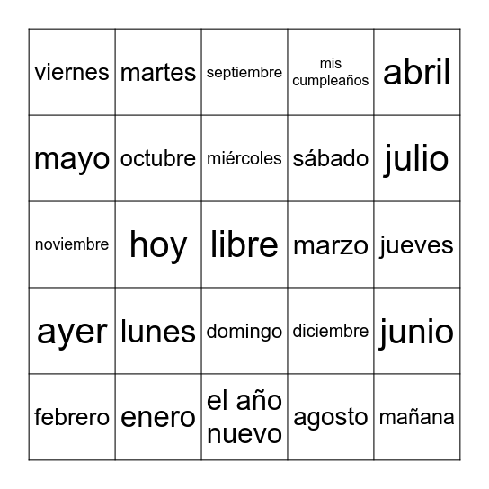 meses y dias Bingo Card