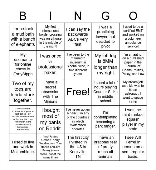 FUN FACT BINGO Card