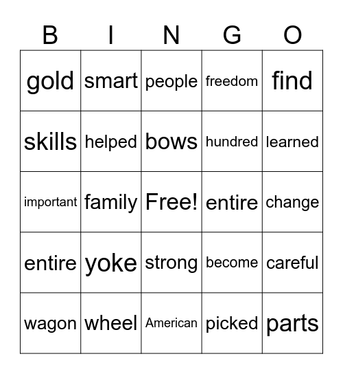 WAGONS AND YOKES Bingo Card