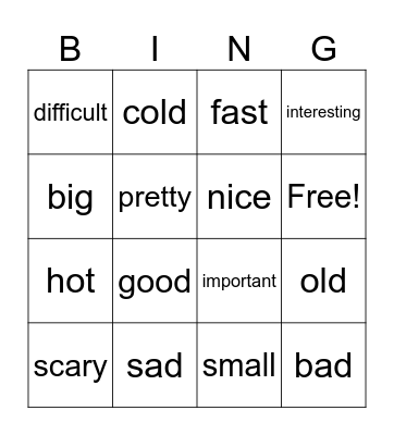 Extreme Adjectives Bingo Card