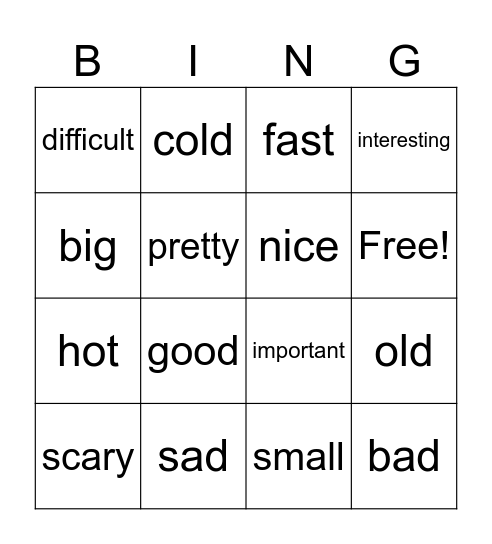 Extreme Adjectives Bingo Card