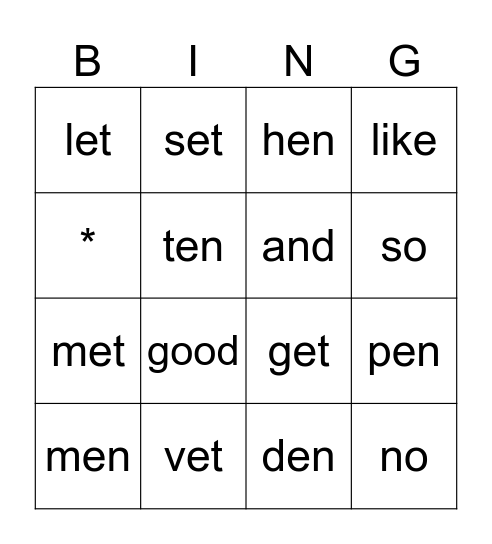 -et and -en Word Family Bingo Card